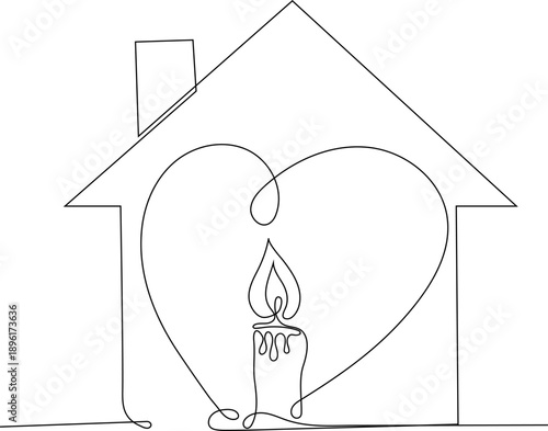 ector illustration of a house with a heart containing a burning candle, drawn in continuous line style. Symbol of longing for home, grief, loss, and emotional sorrow