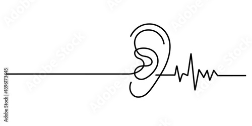 Abstract continuous line drawing of a human ear with a sound wave