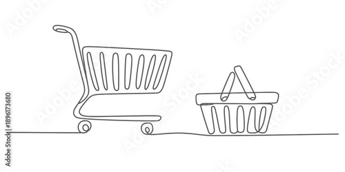 Single continuous line art drawing of a shopping cart and a shopping basket on a white background