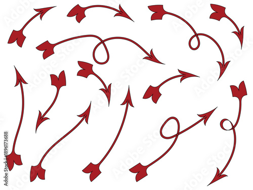red curved arrow set with decorative pointed tips, decorative red curved arrows for design elements, hand drawn red arrows collection on white background