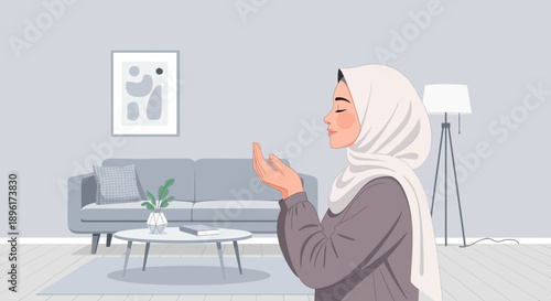 Muslim Woman Praying in a Modern Living Room