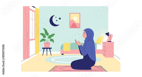 Muslim Woman Praying in Bedroom at Night, Ramadan Islamic Devotion