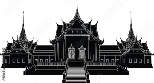 Traditional Thai temple silhouette architecture, ancient Buddhist landmark vector illustration, black line art design for travel culture, religion, heritage concept