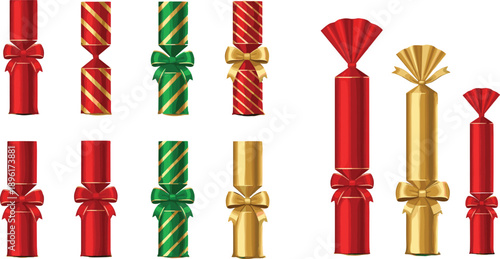 Set of colorful Christmas crackers with ribbons and bows, red green gold holiday party favors, festive celebration surprise vector illustration isolated,