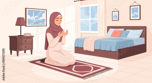 Muslim Woman Praying in Bedroom, Islamic Devotion, Peaceful Morning Ritual