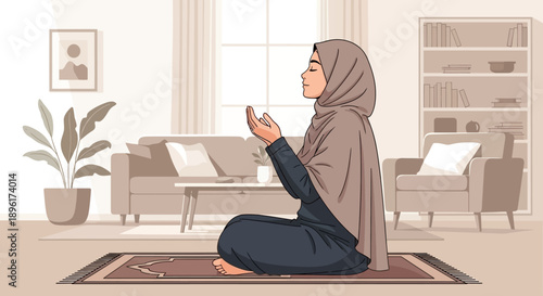 Muslim Woman Praying in Hijab at Home