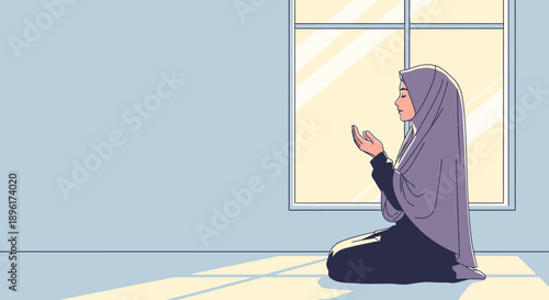 Muslim Woman Praying in Hijab by Window with Sunlight