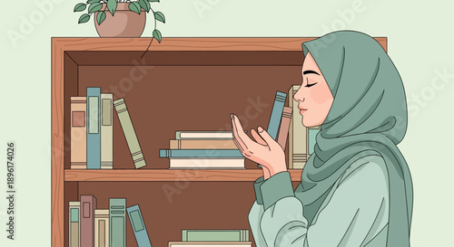 Muslim Woman Praying in Hijab Near Bookshelf, Spiritual Moment