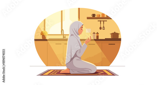 Muslim Woman Praying in Hijab on Prayer Mat in Kitchen