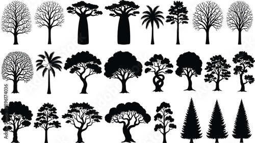 Tree silhouettes collection illustration, various deciduous and evergreen trees, forest and nature elements set, landscaping design resources, black and white vector pack
