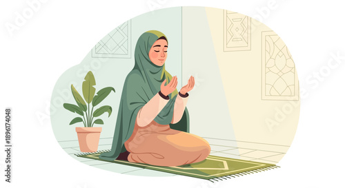 Muslim Woman Praying in Hijab on Prayer Mat, Peaceful Devotion