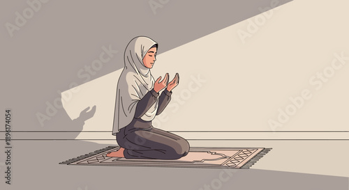 Muslim Woman Praying in Hijab on Prayer Mat with Sunlight and Shadow