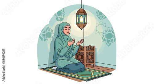 Muslim Woman Praying in Hijab on Prayer Mat with Lantern and Geometric Patterns