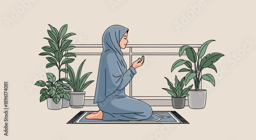Muslim Woman Praying in Hijab, Kneeling on Rug Surrounded by Potted Plants