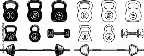 Gym equipment vector set collection of black kettlebell dumbbell and barbell icons isolated on white background for fitness workout design