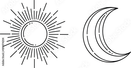 Sun and moon line art set, celestial starburst and crescent moon icons, mystical astrology symbols, bohemian weather signs vector illustration,