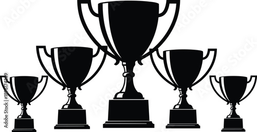 Trophy cup silhouettes illustration, winner awards and championship prizes vector design set for success achievement competition concept, black cups isolated on white
