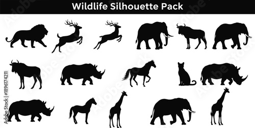 Wildlife animal silhouette pack, African safari animals collection, black animal shapes, lion elephant deer giraffe rhinoceros vector set