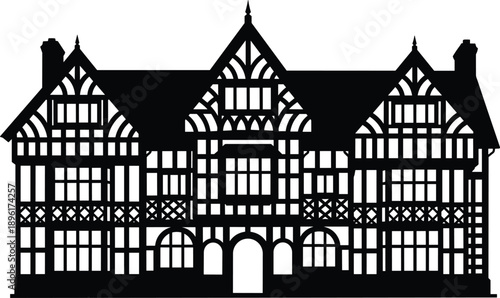 Tudor Style Building Silhouette, Historic Half-Timbered House Vector Illustration, Traditional English Architecture Graphic, Vintage European Manor Exterior, Medieval Architectural Design Elements