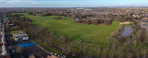 Quadro em tela Aerial panorama of Moor Park recreational fields and sports courts in Preston