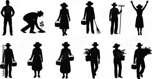 Farmers Silhouette Set Showing Men and Women with Plants, Tools and Baskets, Traditional Agriculture and Rural Lifestyle Concept, Black and White Vector