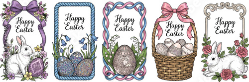Happy easter vertical banner vector set collection of vintage hand drawn bunny egg and spring flower greeting cards isolated on white background