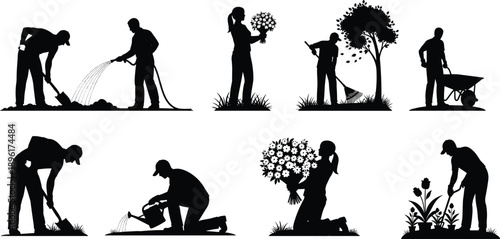 Gardeners Silhouette Set Showing Digging, Watering, Flower Care and Landscaping Activities, Sustainable Gardening and Nature Work Concept, Black and White Vector