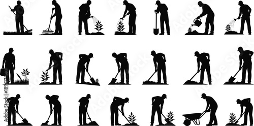 Gardening Silhouette Collection Showing Digging, Raking, Planting, Watering and Soil Preparation Activities, Professional Garden Work Process, Black and White Vector Set