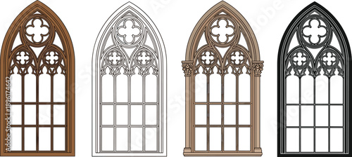 Gothic arched church window set in color and black outline styles, stained glass cathedral architecture elements for vector illustration and decorative design use
