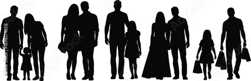 Vector silhouette of diverse families, couples, and children walking together, shopping, and holding hands, isolated on a clean white background.
