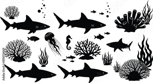 Underwater sea life silhouette collection with sharks, jellyfish, seahorse, coral reef elements, tropical fish, and ocean plants isolated on white background for design,