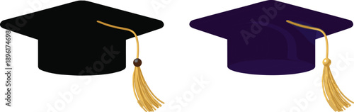 Graduation cap illustration in black and purple with golden tassels, symbolizing academic achievement, education milestone, and university celebration on white background.