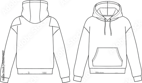 Unisex pullover hoodie technical fashion flat sketch vector template with kangaroo pocket drawstring hood front and back views.