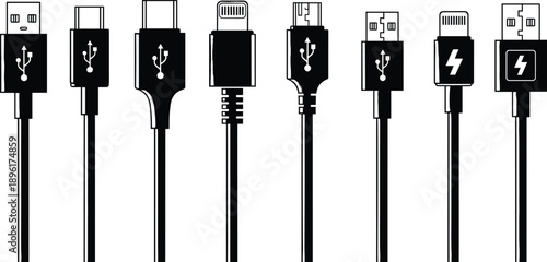 USB charging cable connector set silhouette illustration, universal data transfer wires, smartphone power cords, electronic device connectivity, technology accessory vector design