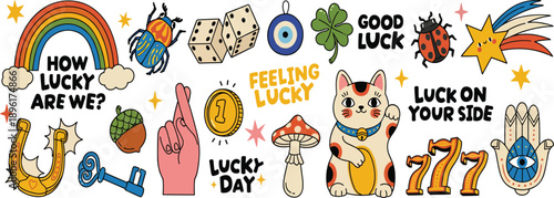 Lucky charm vector set collection of cute hand drawn good luck symbols and stickers isolated on white background for trendy design