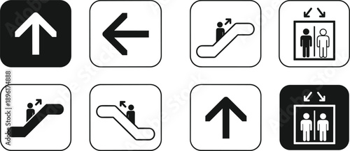 Minimalist wayfinding icons set featuring arrows escalator symbols and elevator signage for modern public transport buildings and urban navigation systems