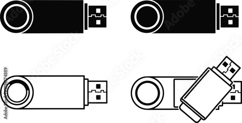 USB flash drive icons set isolated on white background black and outline vector illustration storage device memory stick collection design elements bundle