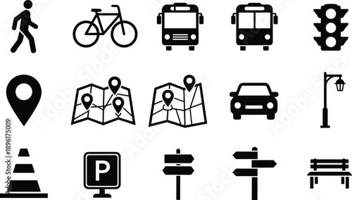 Transportation navigation icons set featuring pedestrian bicycle bus car traffic signs parking map location symbols solid vector illustration collection