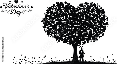 Valentine day romantic silhouette illustration of heart shaped tree with falling hearts and couple under love tree isolated on white background