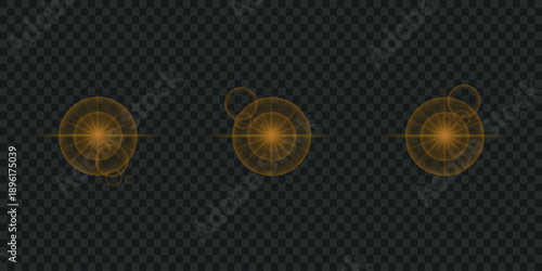 Three golden starburst lens flares with bokeh circles, perfect for festive or energetic backgrounds
