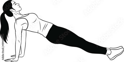 Vector illustration of a fit woman performing a reverse plank exercise, strengthening core and triceps, isolated on white background for fitness and wellness.
