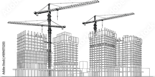 High rise building construction illustration with tower cranes urban architecture development engineering infrastructure modern city growth concept