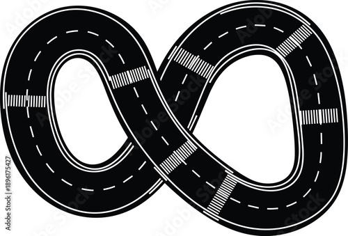 Infinity Loop Road Illustration Symbolizing Endless Journey, Continuous Path, Sustainability Concept, Abstract Highway Design, Minimal Black and White Graphic