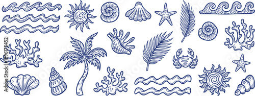 Summer beach doodle vector set collection of blue hand drawn sea shell and palm tree icons isolated on white background for holiday design