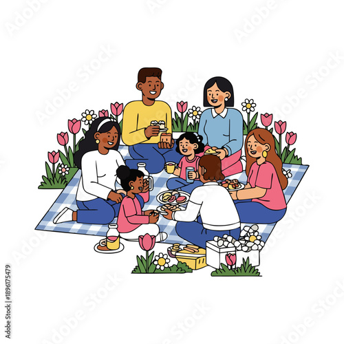 Illustration of a diverse family having a picnic in a garden with flowers, sitting on a blanket and enjoying food together.