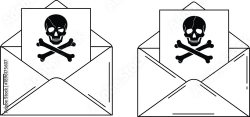 Malicious email phishing concept with skull and crossbones symbol inside envelope, cyber security threat warning, dangerous spam message illustration isolated on background