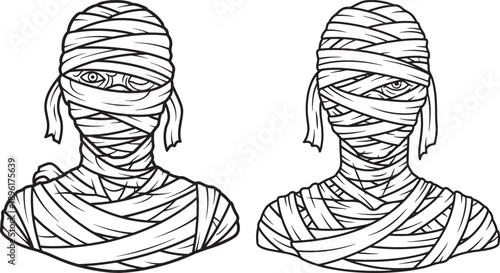 Spooky Mummy Portraits: Halloween Line Art Icons of Bandaged Figures for Spooky Celebrations