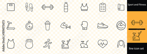 Sport and Fitness set of web icons in line style. Gym and fitness icons for web and mobile app. Healthy lifestyle, exercise, diet, nutrition, weight training, body care, workout. Editable stroke