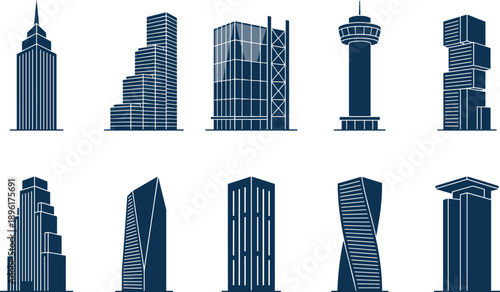 Modern city skyline skyscraper silhouette set featuring diverse contemporary high rise buildings and towers, minimalist urban architecture icons isolated on white background for business