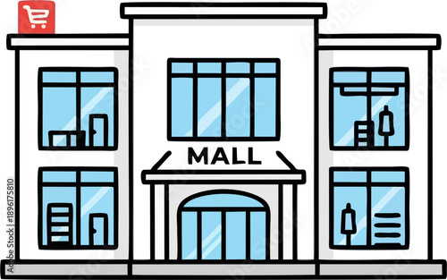 Flat Shopping Mall Building with Red Roof Sign Cart Multi-Storey Glass Windows Front View Colorful Cartoon Vector Icon